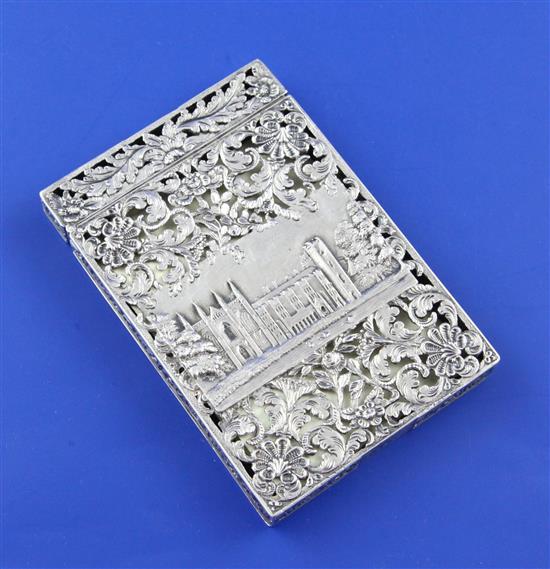 A rare William IV pierced silver castle top rectangular card case depicting Newstead Abbey, by Taylor & Perry, 3.5in